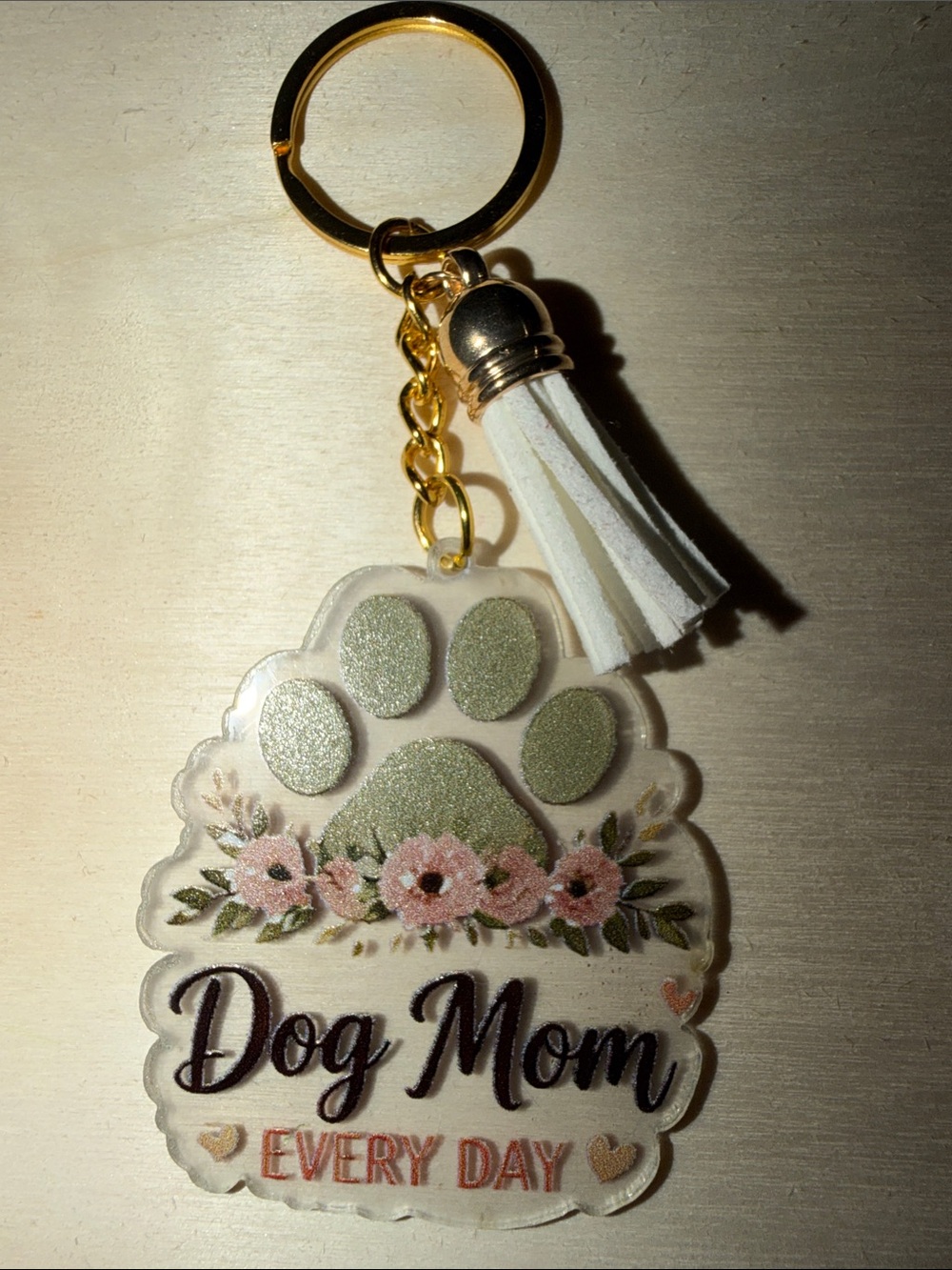 Dog Mom Every Day Acrylic Keychain with White Tassel (HANDMADE)